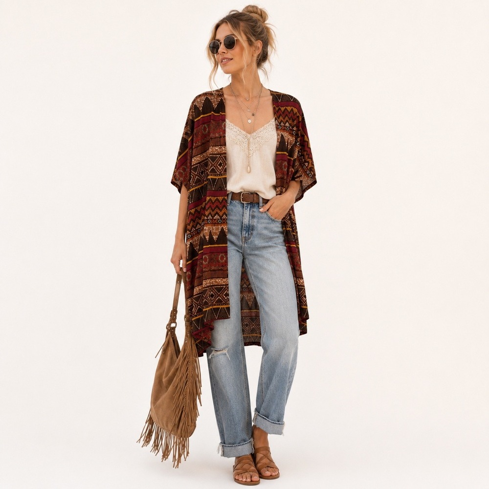 Boho Southwestern Aztec Kimono Womens Size S Brown Tribal Open Cardigan